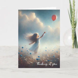 Carte Petite Fille Avec Balloon Rouge Qui Pense À Toi