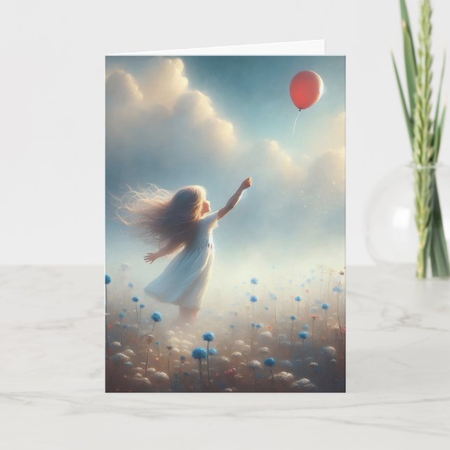 Carte Petite Fille Avec Balloon Rouge Qui Pense À Toi (Devant)