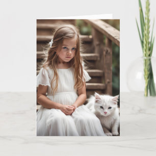 Carte Petite fille avec chat blanc pour l'anniversaire