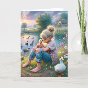 Carte Petite fille avec des canards pour l'anniversaire