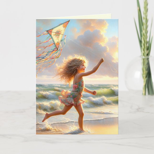 Carte Petite Fille Avec Kite Sur Une Plage (Devant)