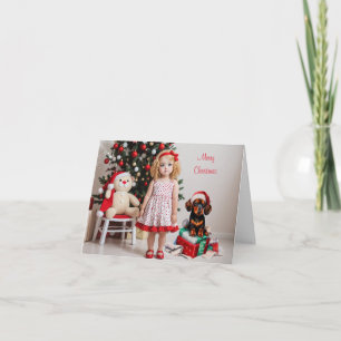 Carte Petite fille blonde avec Noël Dachshund