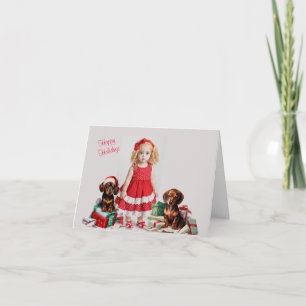 Carte Petite fille blonde avec Noël Dachshund
