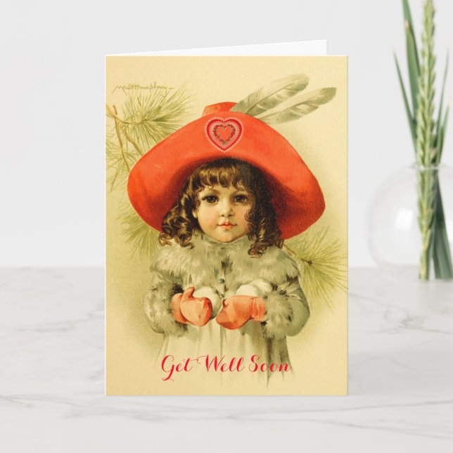 Carte Petite fille, Casquette rouge et boules de neige s (Devant)