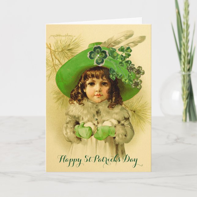 Carte Petite fille, Casquette verte, Shamrock, Saint Pat (Devant)