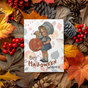 Carte Petite fille d'Halloween vintage avec citrouille
