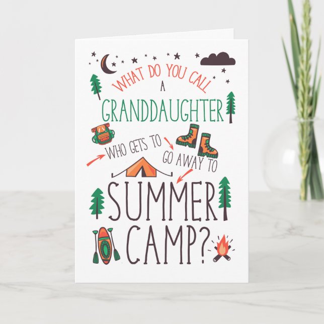 Carte Petite-fille Drôle Camp d'été Orange Vert Marron (Devant)