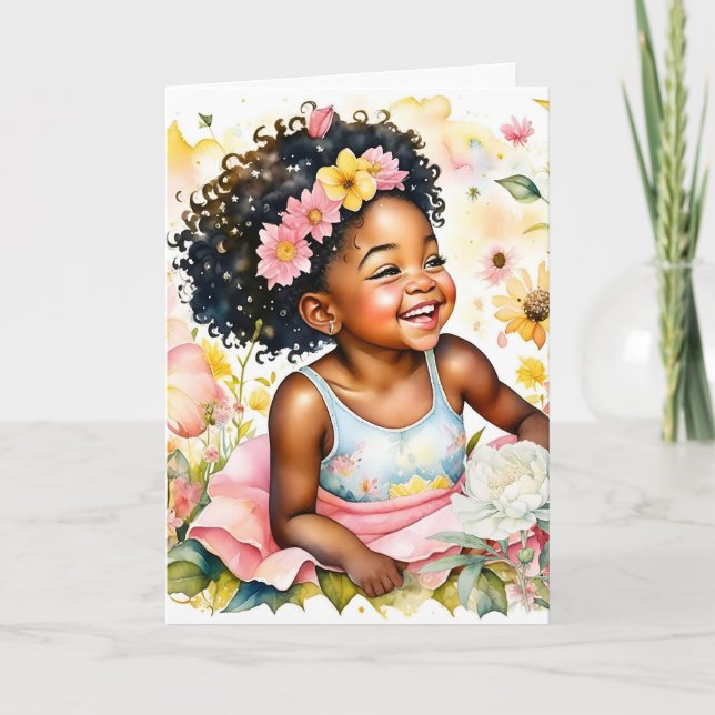 Carte Petite fille en fleurs roses Anniversaire personna (Devant)