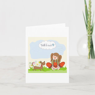 Carte Petite fille et chien brun meilleurs amis