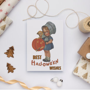 Carte Petite fille et chiot Halloween vintage