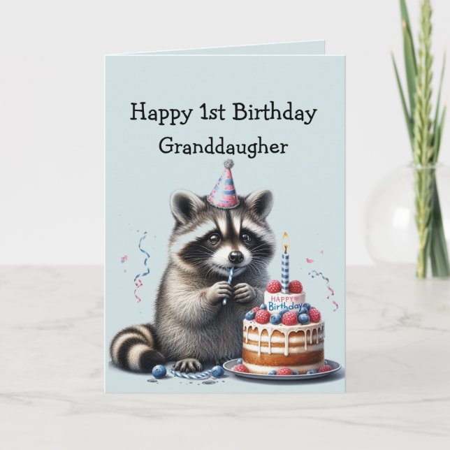 Carte Petite-fille Fun Raccoon 1er Anniversaire (Devant)