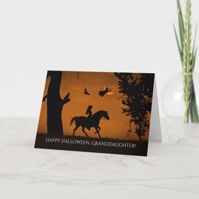 Carte Petite-fille Halloween avec sorcière et cheval (Devant)