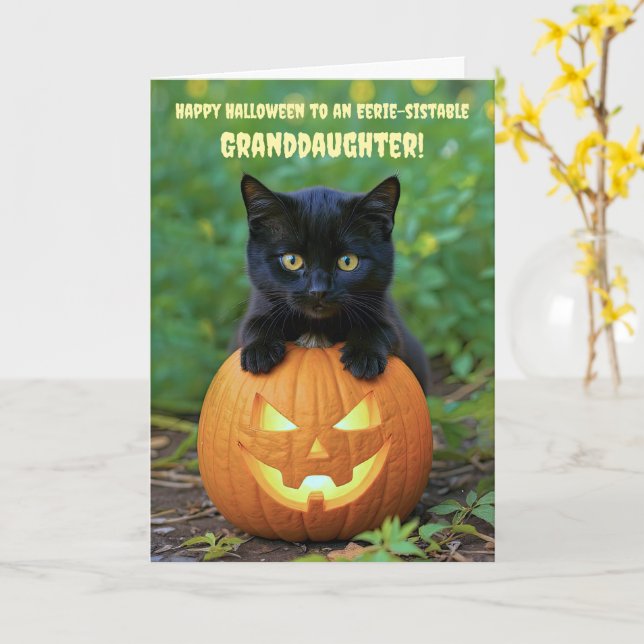 Carte Petite-fille Joyeux Halloween Cute Black Kitten (Fleur jaune)