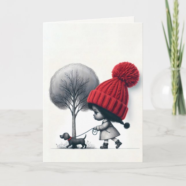 Carte Petite fille marchant son chien (Devant)