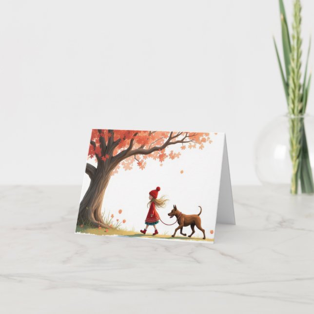 Carte Petite Fille Marchant Son Gros Chien (Devant)