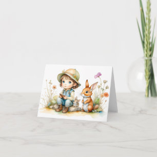 Carte Petite fille mignonne avec lapins et fleurs vierge