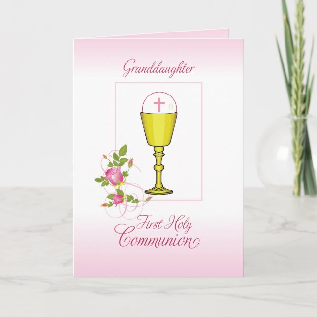 Carte Petite-fille Rose Première Communion, Calice (Devant)