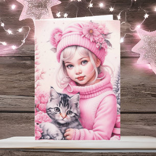 Carte Petite fille Vintage et chaton doux Joyeux Noël