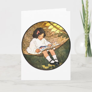 Carte Petite Fille Vintage Lisant dans un Hamac