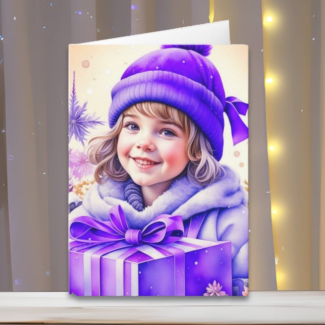 Carte Petite fille Vintage mignonne à Noël mauve (Créateur téléchargé)