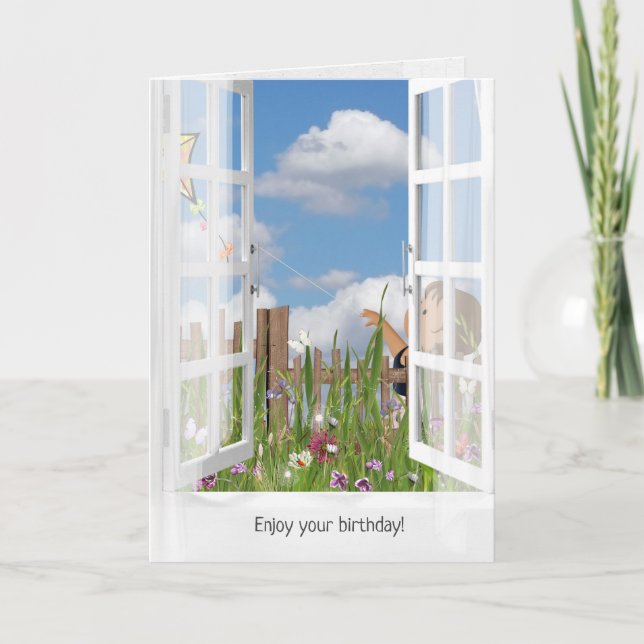 Carte Petite fille volant un cerf-volant dans la fenêtre (Devant)