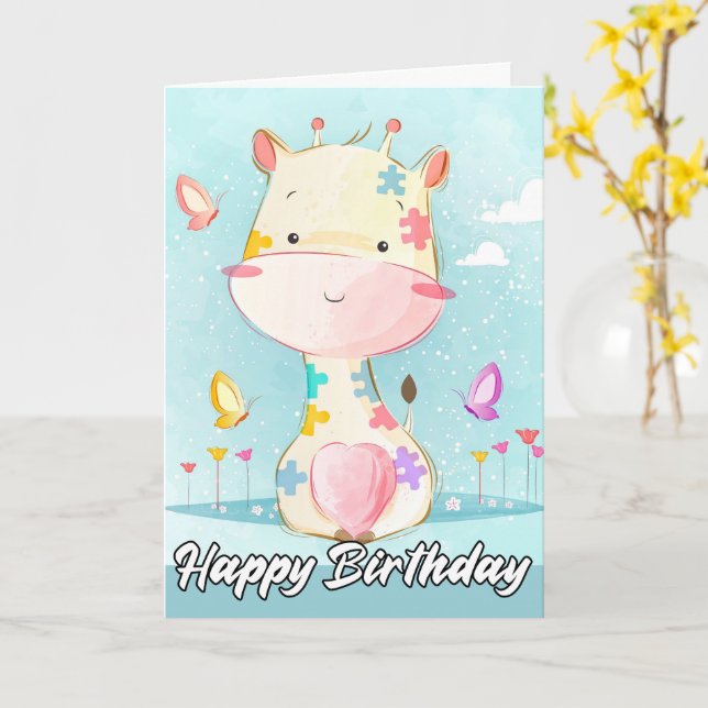 Carte Petite girafe Posing Joueuse | Joyeux anniversaire (Fleur jaune)
