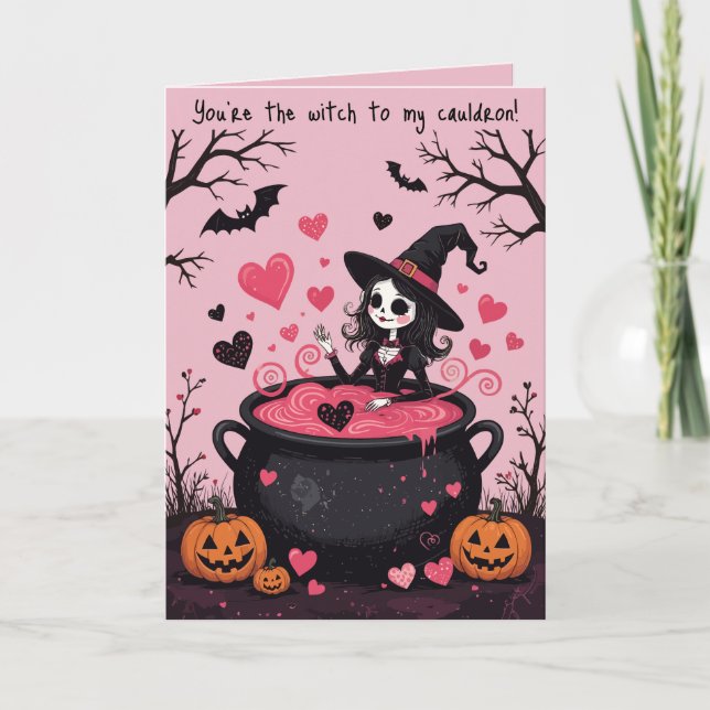 Carte Petite Sorcière Joyeuse Et Un Chaudron Bouillonnan (Devant)
