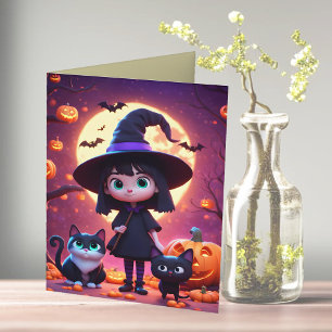 Carte Petite sorcière mignonne avec chats et citrouilles