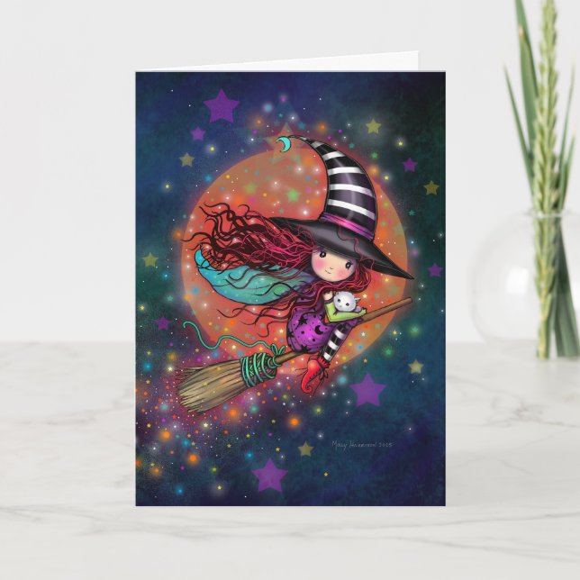 Carte Petite sorcière sur la chambre avec son chat (Devant)