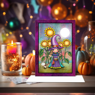 Carte Petite Sorcière Tournesol Mignon Art d'Halloween