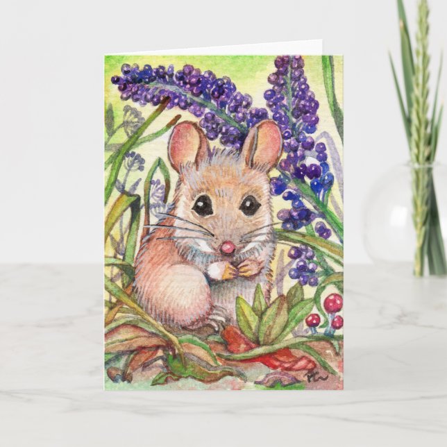 Carte Petite souris et fleurs violettes (Devant)