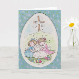 Carte Petites Filles et Petit Agneau au Matin de Pâques