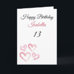 Carte Petits Coeurs Peints en rose 13e anniversaire<br><div class="desc">Cute Pink Peint Little Hearts 13e anniversaire, un design d'anniversaire mignon fait pour toute petite-fille. Si vous cherchez de jolies cartes d'anniversaire de petite-fille, des cartes d'anniversaire d'adolescent ou des cartes d'anniversaire de treizième, celle-ci est pour vous. Le design comporte quelques coeurs d'aquarelle mignonnes, quelque chose d'attrayant et beau, alors...</div>