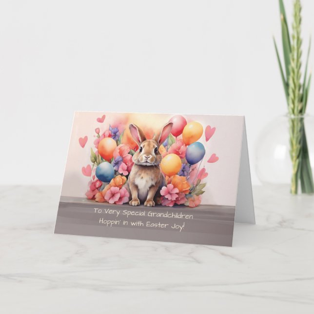 Carte Petits-enfants Lapin de Pâques au milieu des fleur (Devant)
