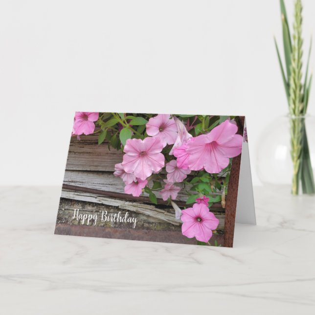 Carte Pétunia rose d'anniversaire sur bois (Devant)