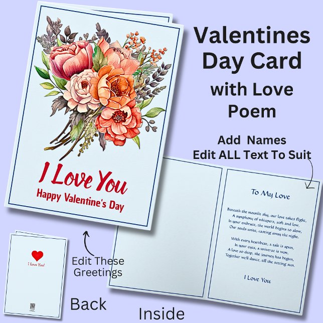 Carte Peut Modifier Texte, Fleurs Bleues & Poème Valenti (Créateur téléchargé)