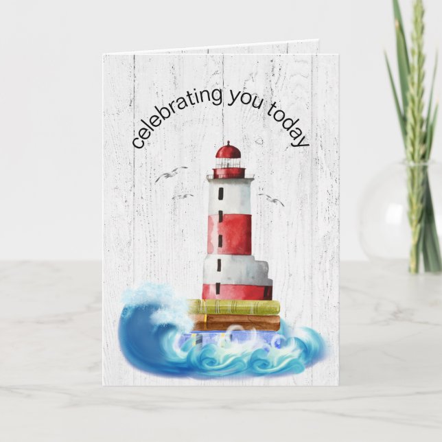 Carte Phare D'Anniversaire Sur Bois Blanchi (Devant)