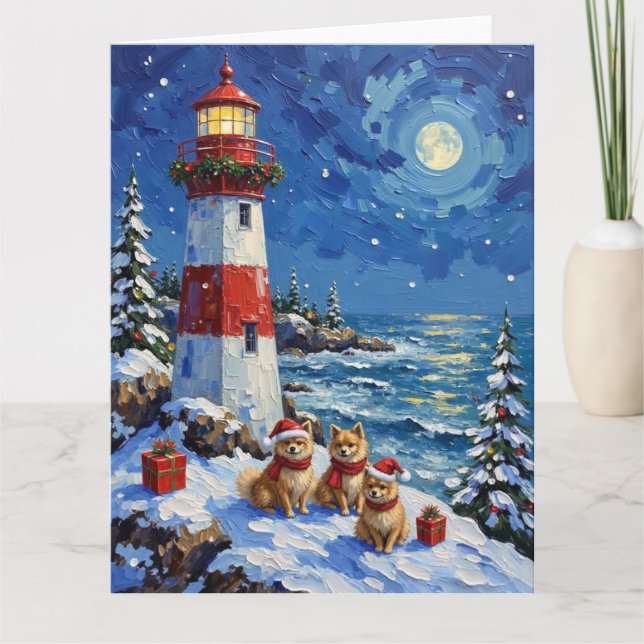 Carte Phare de Noël pour Pomeranian (Devant)