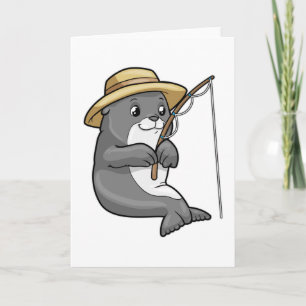 Carte Phoque à la pêche avec canne à pêche et chapeau