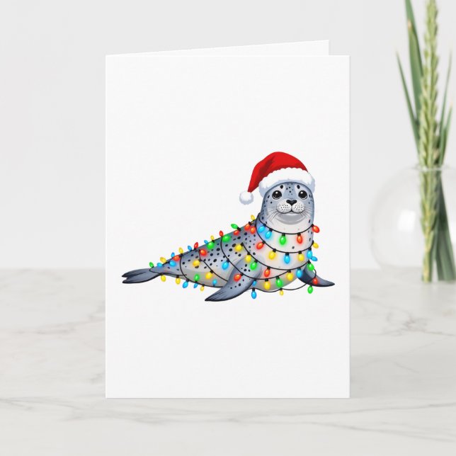 Carte Phoque de fête recouvert de lumières de Noël (Devant)