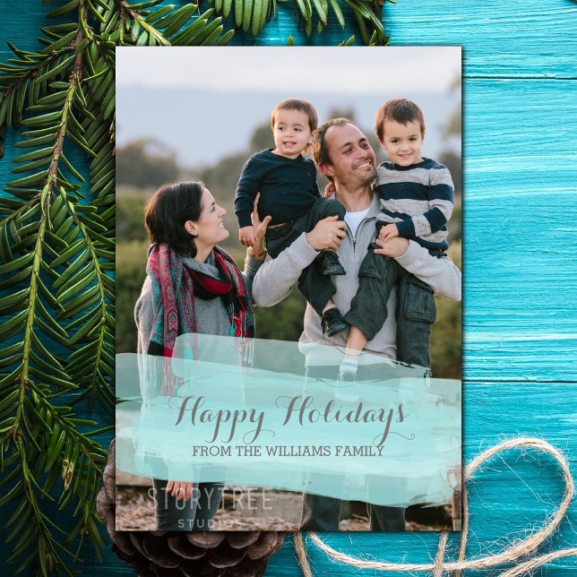 Carte Photo à Encres Aquarelles Turquoise (Turquoise Watercolor Brushstroke Holiday Photo Card)