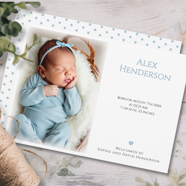 Carte photo à points bleus (Blue dotted Photo Birth Announcement Card)