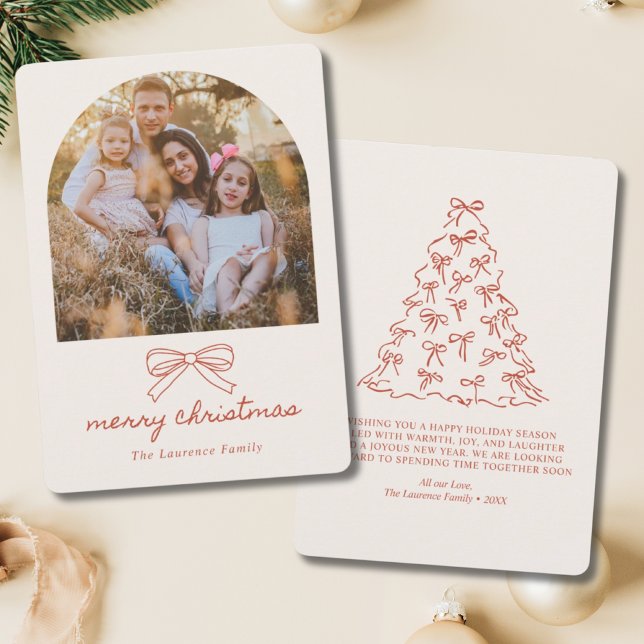 Carte Photo Arbre de Noël Coquette avec Nœud Rouge (elegant photo christmas cards)