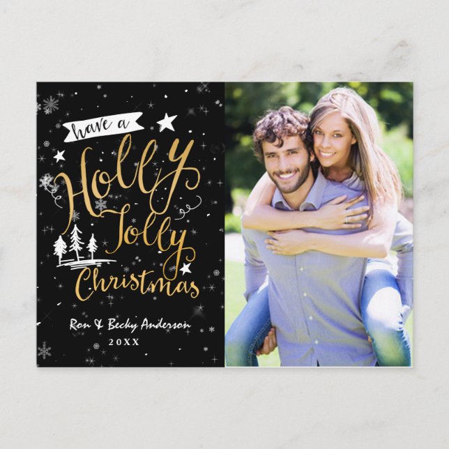Carte photo Black & Gold HOLLY JOLLY CHRISTMAS (Devant)