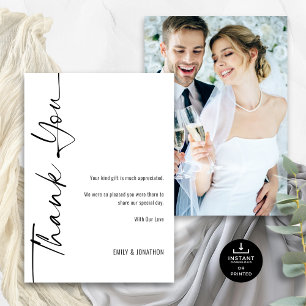 Carte Photo Calligraphie noir blanc Mariage Merci