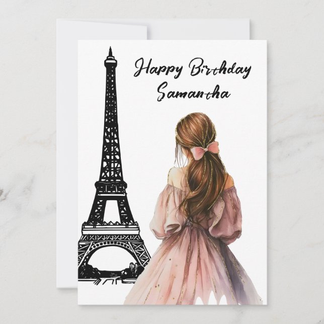 Carte Photo Chic Tour Eiffel Bow Girl Paris Anniversaire (Devant)