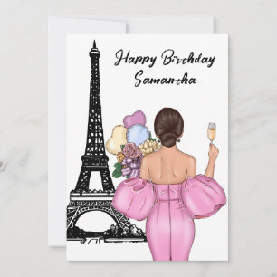 Carte Photo Chic Tour Eiffel Fille Rose Paris Anniversai