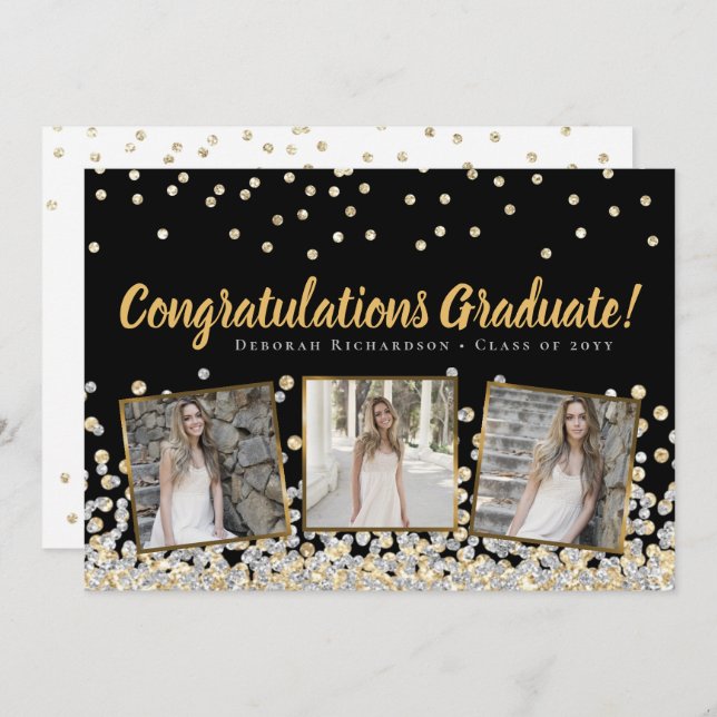 Carte Photo Collage Gold Silver Confetti Graduation (Devant / Derrière)