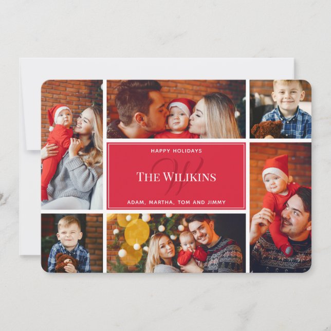 Carte Photo Collage Red Christmas Family Monogramme (Devant)