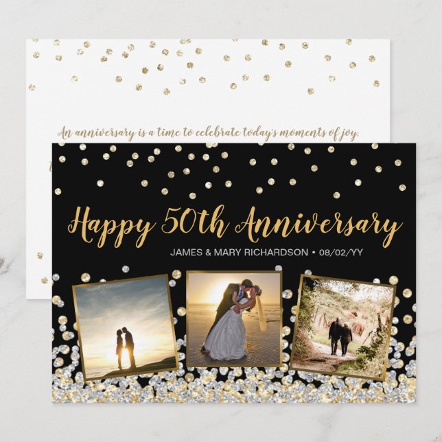 Carte Photo Confetti Or Argent 50e Anniversaire (Devant / Derrière)